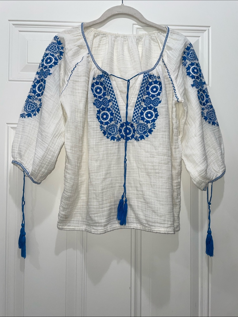 Women's White Gauze Tunic with Blue Embroidery